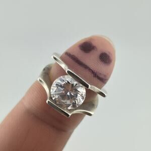 Sterling Silver Modernist Ring Large Clear CZ Statement Mcm Bypas Ring Size 5.25